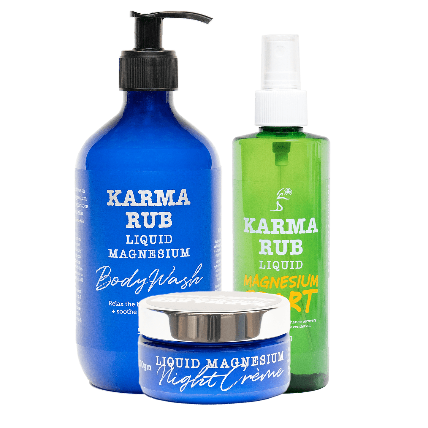 Magnesium Body wash, Sports Spray, Night Cream - Karma Rub Liquid Magnesium 